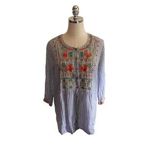 Johhny Was Top Women's Size Small Blue White Stripes Floral Cotton Tencel